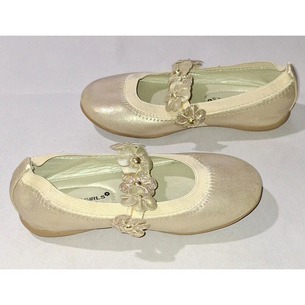 Rampage Girls Gold Ballet Flats Sparkly Glitter Dress Shoes Flower Strap Size 8M